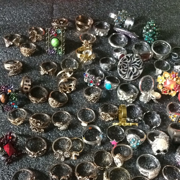 Big lot of rings with stones and rhinestone